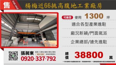 楊梅66旁腹地挑高工業廠房,桃園市楊梅區廠房出售